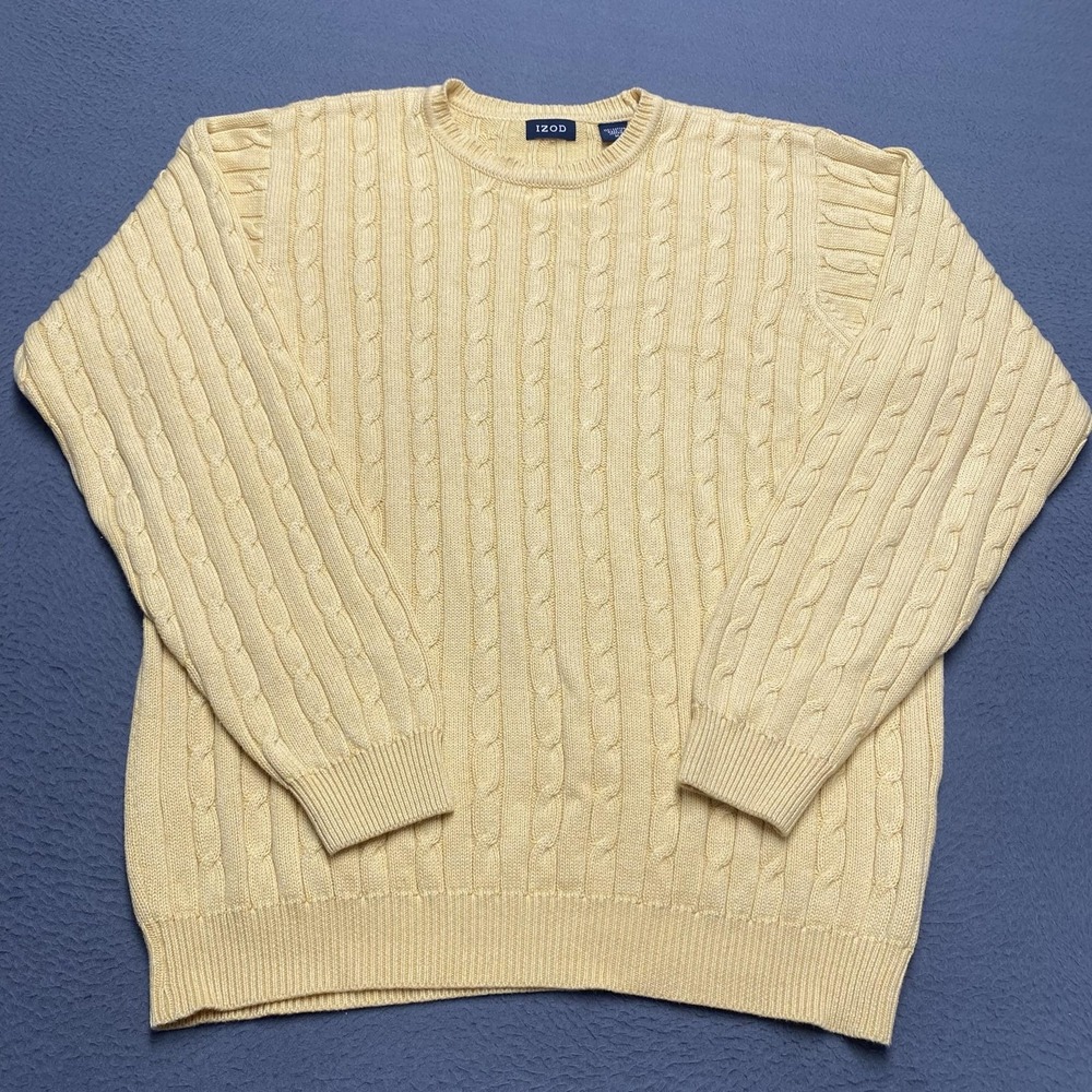 IZOD Sweater Mens Medium Yellow Cable Knit Crewneck 100% Cotton Pullover